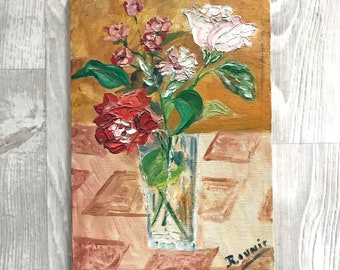 Vintage French flowers original painting wooden frame canvas