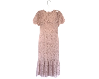 Old pink lace 1930s dress, dusty pink retro, 30s vintage, floral,  lace, long dress, cocktail, evening, elegant, short sleeve, Size XS