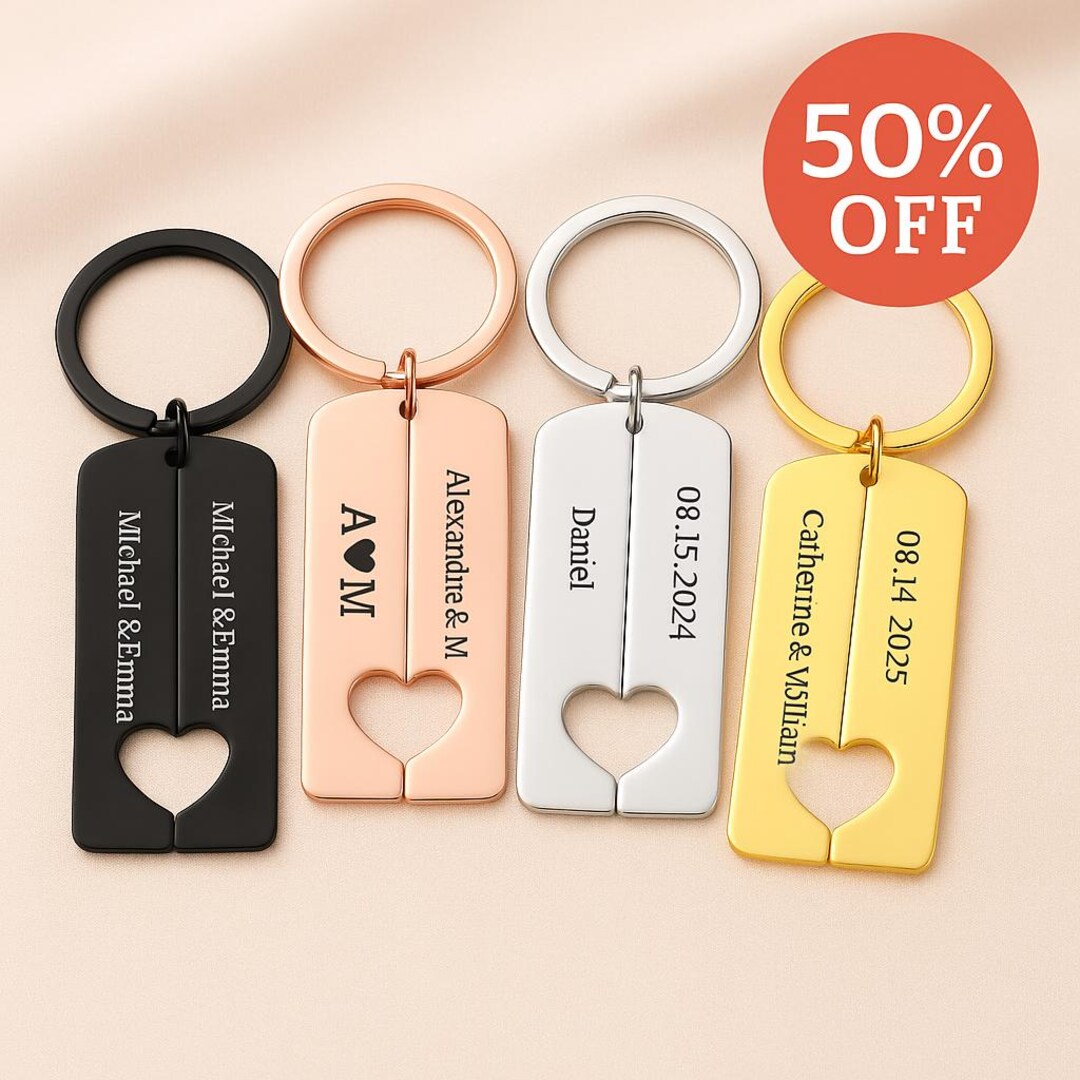 Personalized Matching Couple Keychain Set - Custom Heart Keyring - Etsy.de