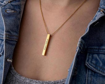 Personalized 3D Bar Necklace, Stainless Steel Custom Engraving, Gift for Him/Her