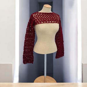 May include: A maroon crocheted crop top with long sleeves. The top is made of a loose, open weave and has a cropped length.
