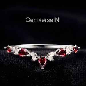 Ruby Crown Band Ring, Lab Created Ruby Contour Ring, Dainty Stacking Ring, 925 Sterling Silver Gold Band, Curved Wedding Band