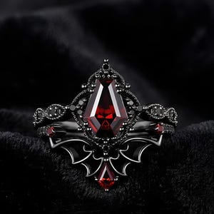 Coffin Cut Lab Ruby Gothic Ring Set, Sterling Silver Bat Wings, Wedding Jewelry