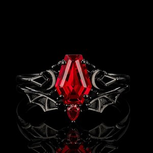 Coffin Cut Lab Ruby Gothic Ring Set, Sterling Silver Bat Wings Ring, Halloween Jewelry