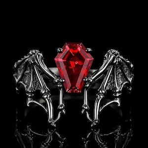Coffin Cut Lab Ruby Gothic Ring Set, Sterling Silver Bat Wings, Wedding Jewelry