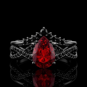 Pear Cut Lab Ruby Gothic Ring Set, Sterling Silver Ring Set, Wedding Jewelry