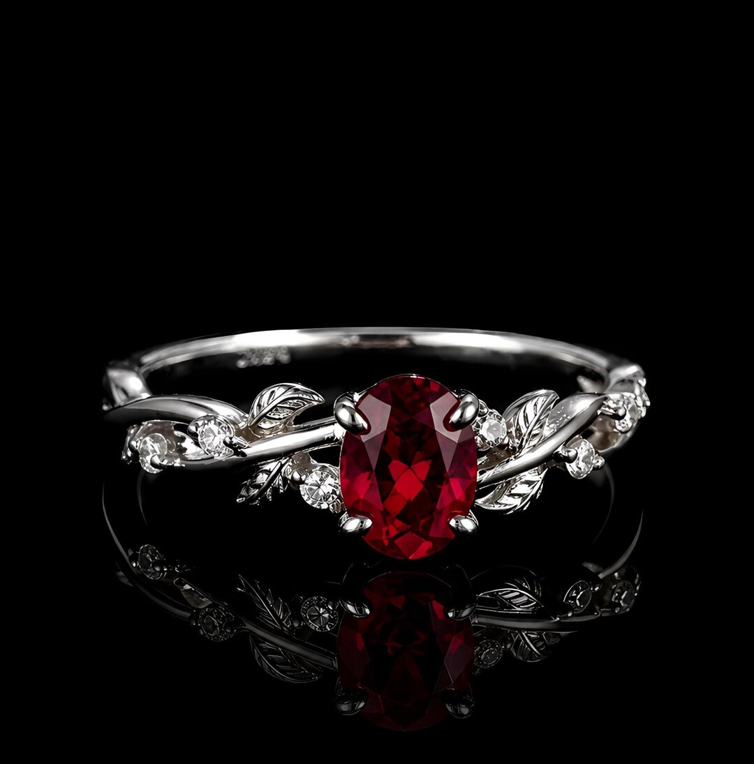 Oval Cut Lab Ruby Ring, Sterling Silver Leaf Design Ring, Engagement ...