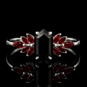 Hexagon Cut Black Onyx Ring, 925 Sterling Silver Lab Ruby Leaf Design Band Ring
