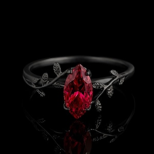 Marquise Cut Lab Ruby Gothic Ring, Sterling Silver Ring, Engagement Jewelry
