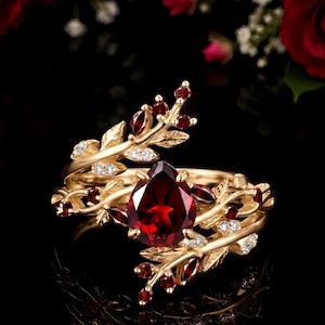 Conjunto de anillo gótico con rubí sintético talla pera, anillo de plata de ley con diseño de hoja, joyería de compromiso