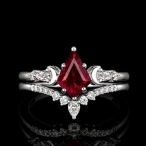 Kite Cut Lab Ruby Bridal Ring Set, Sterling Silver Crescent Moon, Wedding Jewelry