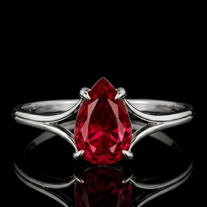Pear Cut Lab Ruby Engagement Ring, July Birthstone Ring, Sterling Silver Promise Ring, Teardrop Ruby Solitaire Ring For Women