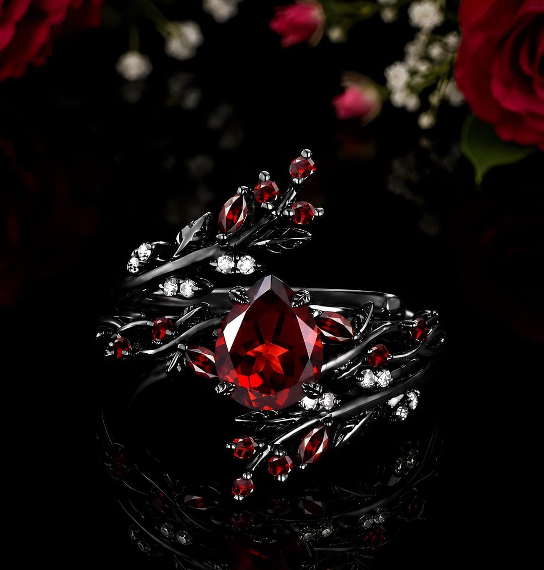 Pear Cut Lab Ruby Gothic Ring Set, Sterling Silver Leaf Design Ring ...