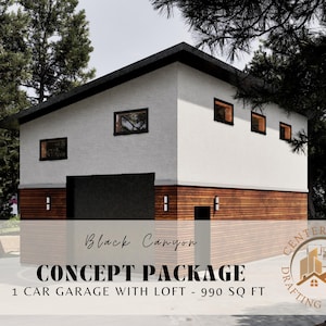 May include: Architectural rendering of a modern 1-car garage with a loft, featuring a white stucco upper level and a wood-panelled lower level. The design includes black trim, windows, and a garage door. The text reads "Black Canyon CONCEPT PACKAGE 1 CAR GARAGE WITH LOFT - 990 sq ft."