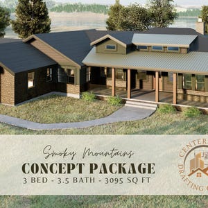 May include: Architectural rendering of a house with a dark roof, stone facade, and a porch. The image includes the text "Smoky Mountains CONCEPT PACKAGE" and "3 BED - 3.5 BATH - 3095 SQ FT". A logo for Centerpoint Drafting & Design is also visible.