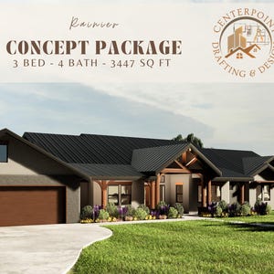 May include: Architectural rendering of a modern home with a dark roof, wooden accents, and a concrete driveway. The image includes text that reads "Rainier CONCEPT PACKAGE 3 BED - 4 BATH - 3447 SQ FT" and a logo for Centerpoint Drafting & Design.