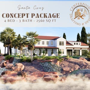 May include: Architectural rendering of a white house with a red roof, palm trees, and a rocky landscape. The text reads "Santa Cruz CONCEPT PACKAGE 4 BED - 3 BATH - 2560 SQ FT". A logo for Centerpoint Drafting & Design is also visible.
