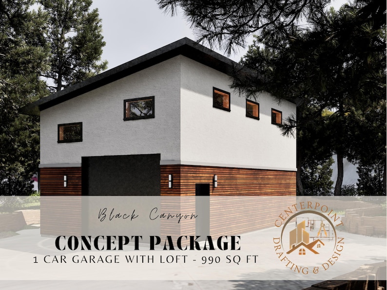 Modern One-car Garage Plans With Loft: Gym, Studio, Office (PDF Instant ...