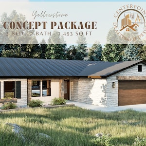 May include: A digital rendering of a house with a black roof and light-colored stone exterior. The image includes text that reads "Yellowstone Concept Package" and details about the house's size: 3 beds, 2 baths, and 1,493 sq ft.