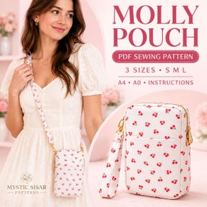 Könnte beinhalten: Eine weiße rechteckige Tasche mit rotem Kirschmuster, goldenem Reißverschluss und passender Handschlaufe. Der Text lautet MOLLY POUCH PDF SEWING PATTERN 3 SIZES S M L A4 A0 INSTRUCTIONS. Die Tasche hat eine Fronttasche und einen langen Schulterriemen.