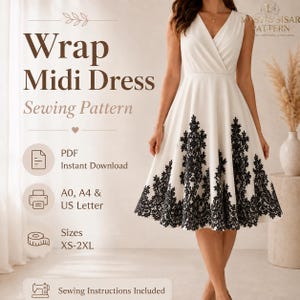 May include: A white midi wrap dress featuring a V-neckline and a black lace pattern along the hem. The text reads Wrap Midi Dress Sewing Pattern, PDF Instant Download, A0, A4 & US Letter, Sizes XS-2XL, and Sewing Instructions Included.