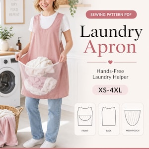 Può includere: Un cartamodello PDF per grembiule da bucato color rosa polvere con una grande tasca in rete integrata. Il design include una vista frontale, una vista posteriore e un diagramma della tasca, con i testi: Sewing Pattern PDF, Laundry Apron, Hands-Free Laundry Helper, XS-4XL, Instant Download, A4 / US Letter Print at Home e Clear Photo Guide.