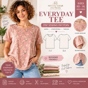 May include: A PDF sewing pattern for an Everyday Tee by Mystic Sisar Pattern. The design features a short-sleeved, crew-neck top with a floral print, relaxed sleeves, and a curved hem. Includes sizes XS-XL, front and back technical sketches.