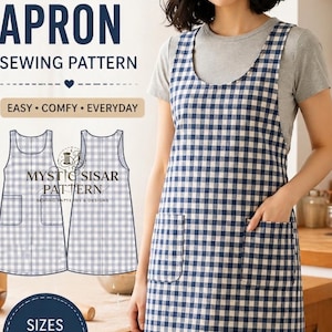 May include: A blue and white checked pocket apron sewing pattern. The apron is worn by a person and has two large pockets. The image text says "POCKET APRON SEWING PATTERN" and "EASY COMFY EVERYDAY". The pattern is beginner friendly and available in sizes XS-3XL.