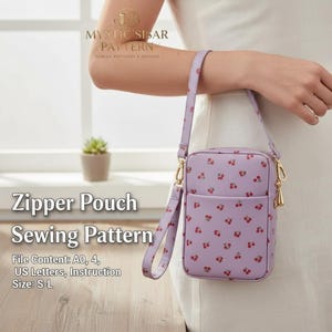 May include: A lavender zipper pouch with a cherry pattern, held by a person. The pouch has a front pocket, gold-colored hardware, and a matching strap. The image also displays text that reads "Zipper Pouch Sewing Pattern".