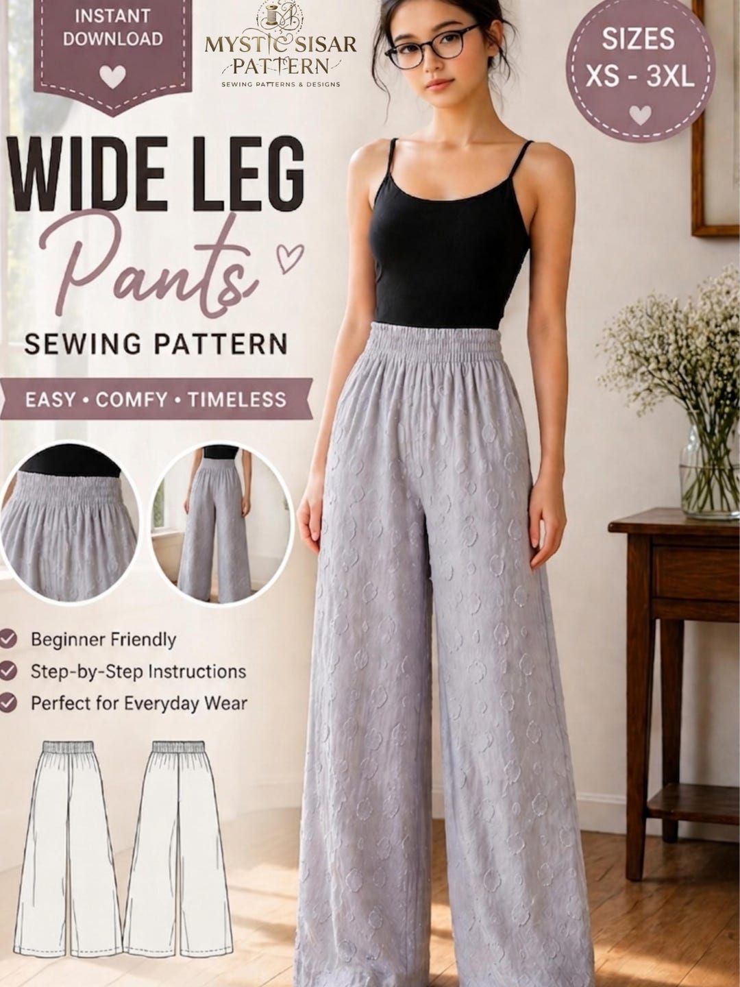 Wide Leg Pants Sewing Pattern PDF | Women Pleated Trousers Pattern ...