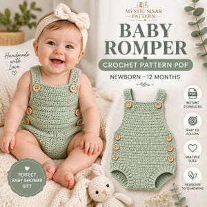May include: A sage green crochet baby romper pattern PDF featuring a baby wearing the romper and a matching headband. The text reads MYSTIC SISAR PATTERN, BABY ROMPER, CROCHET PATTERN PDF, NEWBORN-12 MONTHS, HANDMADE WITH LOVE, and PERFECT BABY SHOWER GIFT.