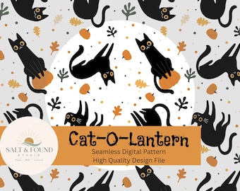 Black Cats & Pumpkins Halloween Seamless Pattern: Fall Crafts (Digital Download PNG File 300 DPI)