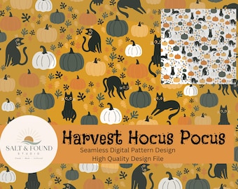 Halloween Black Cat & Pumpkin Seamless Pattern: Fall Digital Paper (PNG)