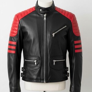Men&#39;s Café Racer Biker Leather Jacket – Black & Red, Genuine Sheepskin