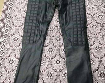 Leather Motorcycle Slim Fit Riding Pants Cowhide Trousers Quilted Biker Black Trousers