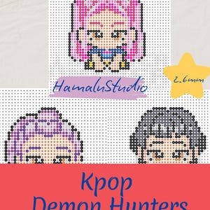 May include: A colorful image featuring pixel art portraits of anime-style characters. The image includes the text "Kpop Demon Hunters" and "HamaluStudio". The characters are made with Hama beads, each measuring 2.6mm.