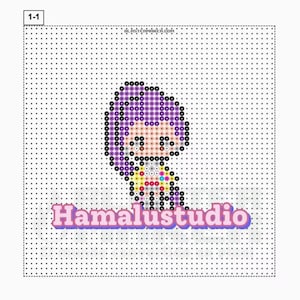 May include: Pixel art design featuring a cartoon character with purple hair and a yellow outfit. The character is centered on a grid of black dots. The text "Hamalustudio" is displayed in pink and purple below the character.