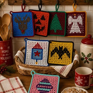 May include: A selection of colourful, crocheted pot holders featuring festive designs such as a reindeer, pumpkin, Christmas tree, and angel. The square pot holders have hanging loops and are presented in a kitchen setting, evoking a seasonal atmosphere.