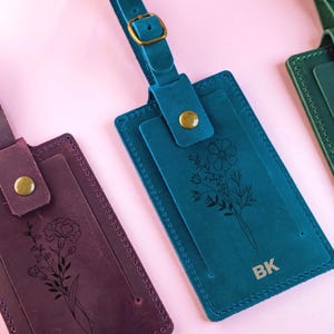 Personalized Leather Luggage Tag: Laser-Engraved Birth Flower, Custom Travel Gift