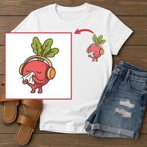 May include: White t-shirt with a cartoon radish character wearing headphones and holding a tissue. The radish is red with green leaves and orange headphones. Denim shorts and sandals are also in the image.