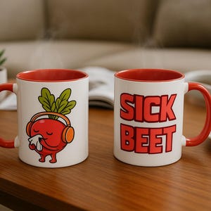 May include: Two white ceramic mugs with red interiors and handles. One mug features a cartoon beet with headphones and a tissue. The other mug has the words "SICK BEET" in red block letters. A croissant and headphones are also visible.