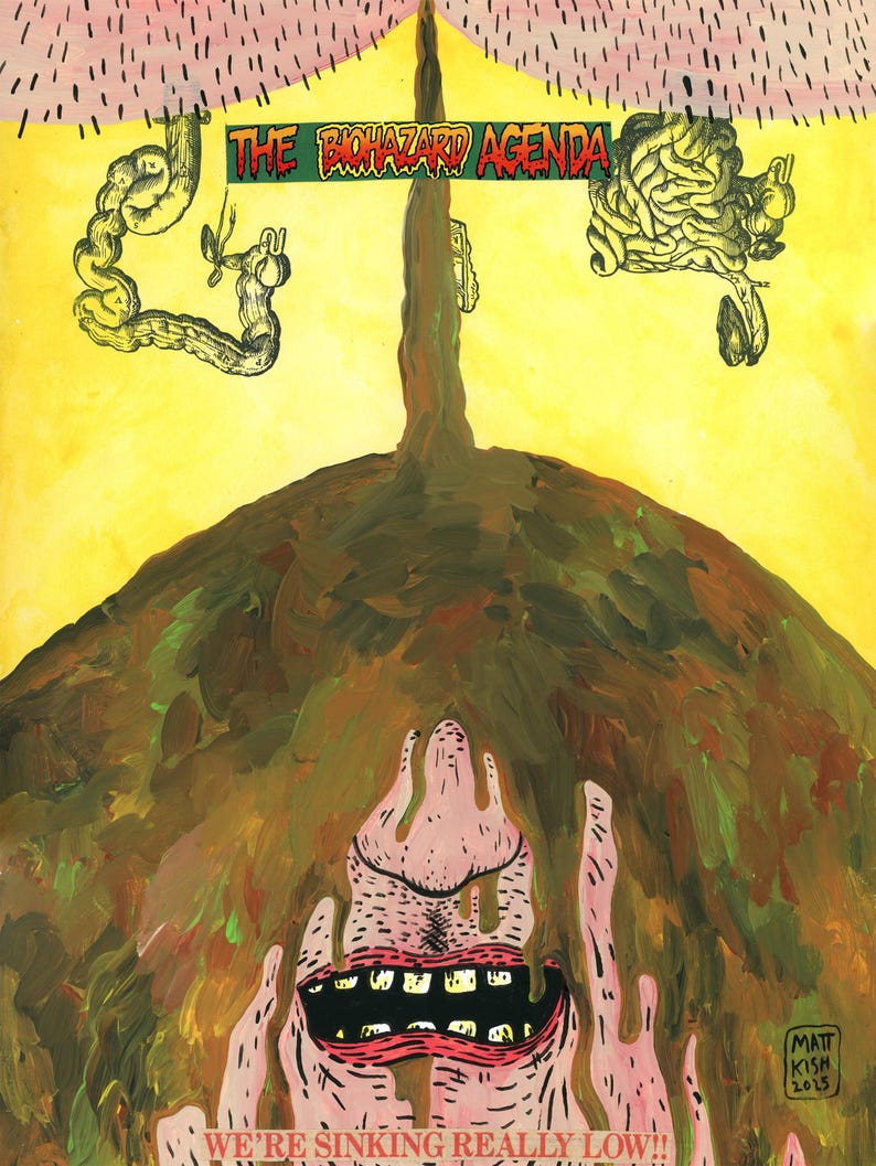 Puede incluir: Pintura abstracta con el texto "THE BIOHAZARD AGENDA" y "WE'RE SINKING REALLY LOW!!". La obra presenta una masa central marr&oacute;n con forma de rostro y tonos amarillos y rosas.