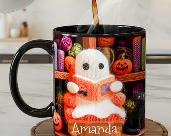 Aangepaste koffiemok breien gepersonaliseerde halloween koffiekopje Gepersonaliseerde cadeaus voor breiers, breiliefhebber aangepast cadeau voor boekenliefhebber
