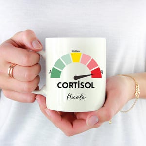May include: White ceramic mug featuring a cortisol level gauge design. The gauge ranges from green (low) to red (high), with the word "CORTISOL" in bold black letters. The name "Nicole" is written below the word "CORTISOL".