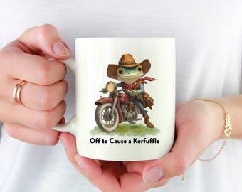 Frog Coffee Mug Off to Cause a Kerfuffle Funny Weirdcore Meme Aesthetic Sarcastic Saying Funny Animal Mug Funny Gift Mug Black Coffee Cup