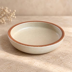 May include: A shallow, round ceramic bowl with a speckled off-white interior and a smooth, solid terracotta-colored rim. The bowl features a low profile and a clean, circular design, showcasing a contrast between the light, textured center and the dark, earthy edge of the stoneware material.