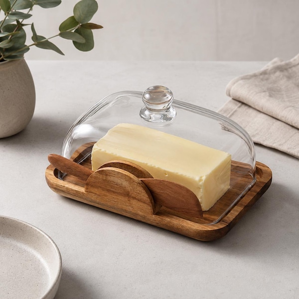 Glass Butter Dish with Acacia Wood Tray & Lid | Butter Keeper with Wooden Butter Knife | Farmhouse Kitchen Decor | Butter Container