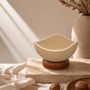 May include: A cream-colored ceramic bowl with a curved, wave-like rim, resting on a circular dark brown wooden base. The bowl features a smooth, matte texture and a deep, open interior, providing a simple and functional vessel for small items.