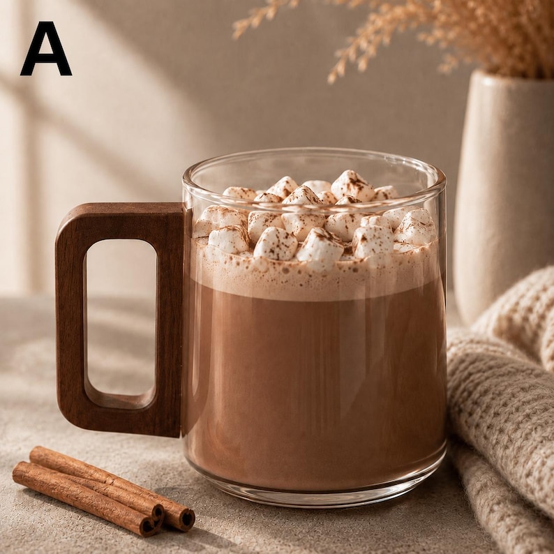 Design Letter R. Wood Glass Coffee Mug With Walnut Wood Handle, Clear Borosilicate Tea Cup ...