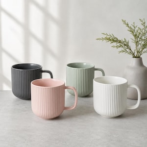 Ribbed Stoneware Coffee Mug Set, Fluted Pestal Colored Ceramic Mugs, Scandinavian Textured Drinkware
